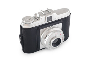 Fototapeta premium Vintage folding camera with round lens isolated on white background, classic retro photography.