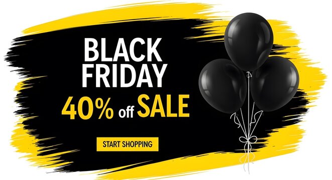 Black Friday sale banner with 40 percent discount offer. Retail shopping event promotion featuring bold typography and dramatic splatter effect.