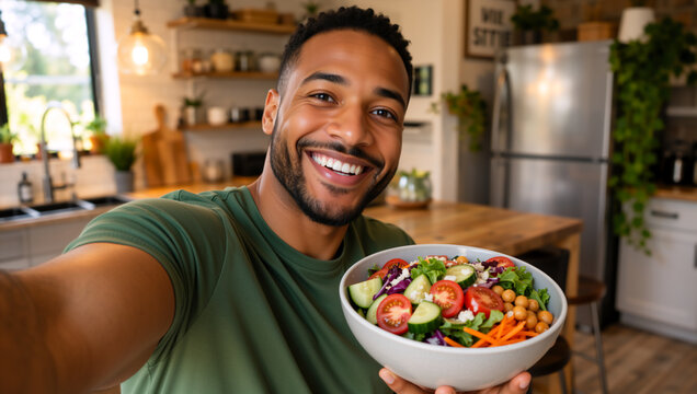 Smiling Black man holding a fresh salad bowl in the kitchen. Happy young male taking a selfie with a healthy meal. Nutrition and wellness concept