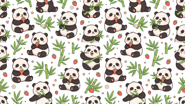 Seamless pattern with cute cartoon pandas and bamboo stalks.