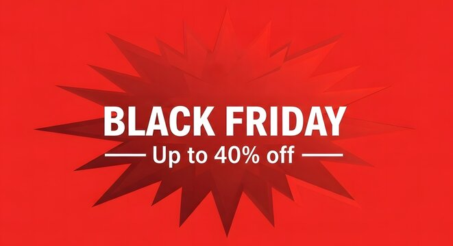 Black Friday sale banner with bold discount offer. Vibrant red background retail promotion up to 40 percent off.