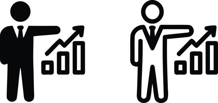 Business professional presenting rising bar chart icons in varied design styles with business presentation professional strategy performance management corporate progress