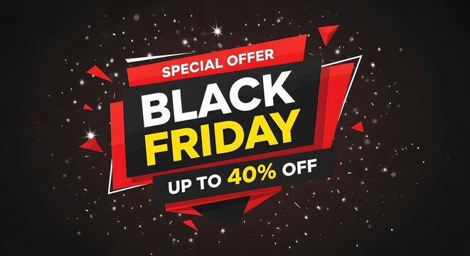 Black Friday sale banner with explosive discount up to 40 percent off. Vibrant shopping event promotion with bold typography and dynamic starburst...