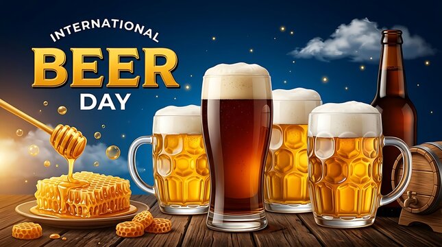 Delicious honey beer glasses served on a rustic wooden table for international beer day celebration