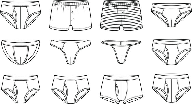 Men underwear vector collection set containing line art icons of briefs boxer shorts trunks thongs and undergarment sketches.eps