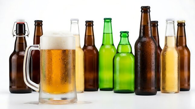 A refreshing cold glass of golden craft ale standing before several assorted beer bottles