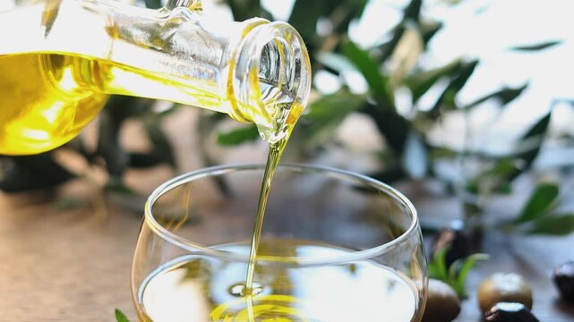 olive oil pouring in a glass bowl	
