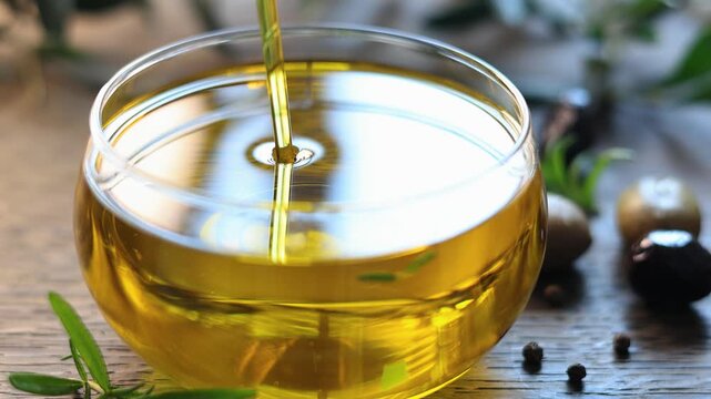 olive oil pouring in a glass bowl	