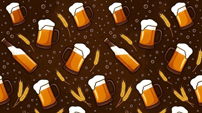 A vibrant seamless pattern featuring beer mugs and bottles with golden barley on brown