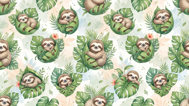 Seamless pattern with cute watercolor sloths and tropical leaves.