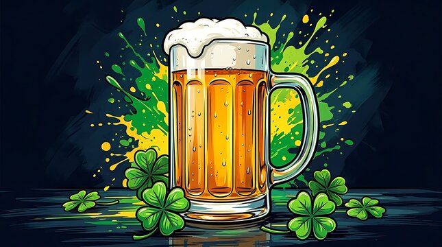 A refreshing glass of golden ale surrounded by fresh green shamrocks for a festive celebration