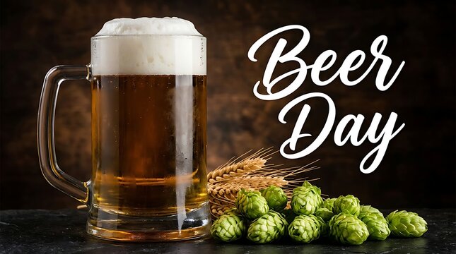 Fresh cold beer mug with golden hop cones and barley on a rustic wooden table surface