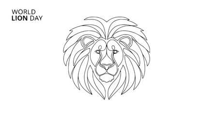 World Lion Day minimal outline drawing of lion's head, majestic animal, single line art