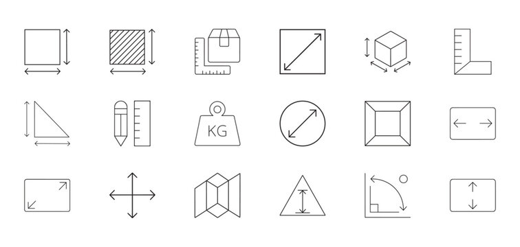 Set of measurement and dimension icons, including length, width, height, weight, volume, and scale, thin line style, vector illustration
