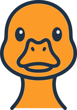 Cute cartoon duck face illustration, orange head, dark blue eyes, simple flat design