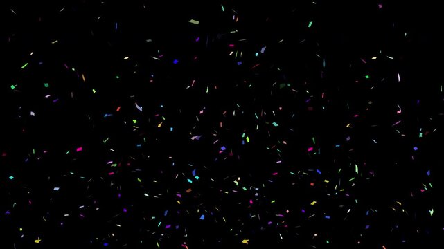 Vibrant multi-color confetti falling from top to bottom on black background, colorful square glitter rain for party celebration, wedding, and grand opening festive motion graphics