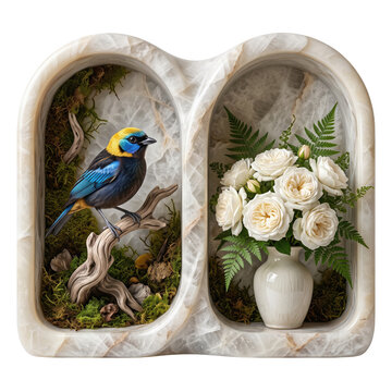 Colorful bird on branch and white roses in a vase inside a stone archway decorative frame