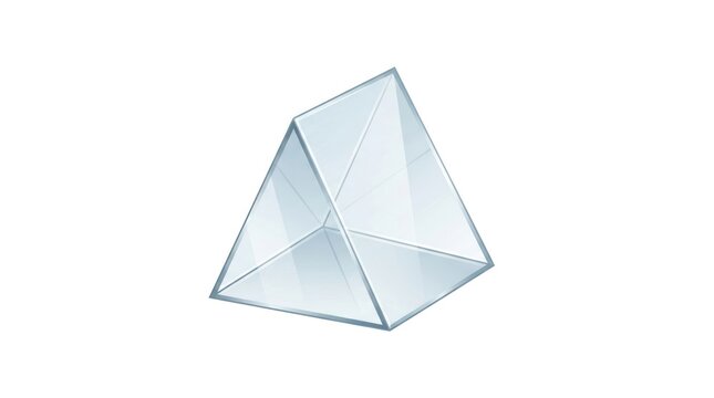 A clear glass triangular pyramid object on a white background
