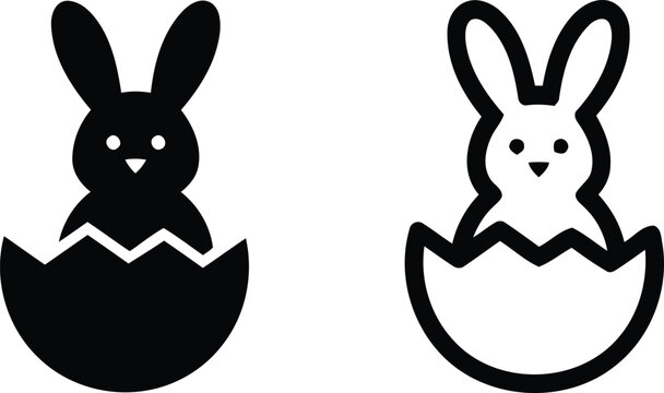 Easter bunny hatching from egg icon set in solid and outline styles with hatching celebration seasonal traditional minimalist pictogram collection interface decoration