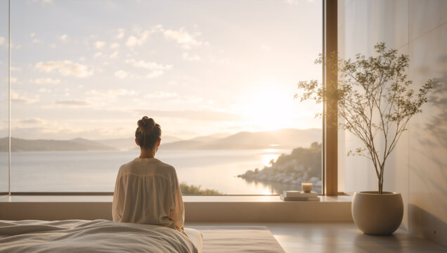 Rear view of a woman looking at the sunset over the sea from a minimalist room. Female sitting by a large window with a scenic view. Mindfulness and relaxation concept