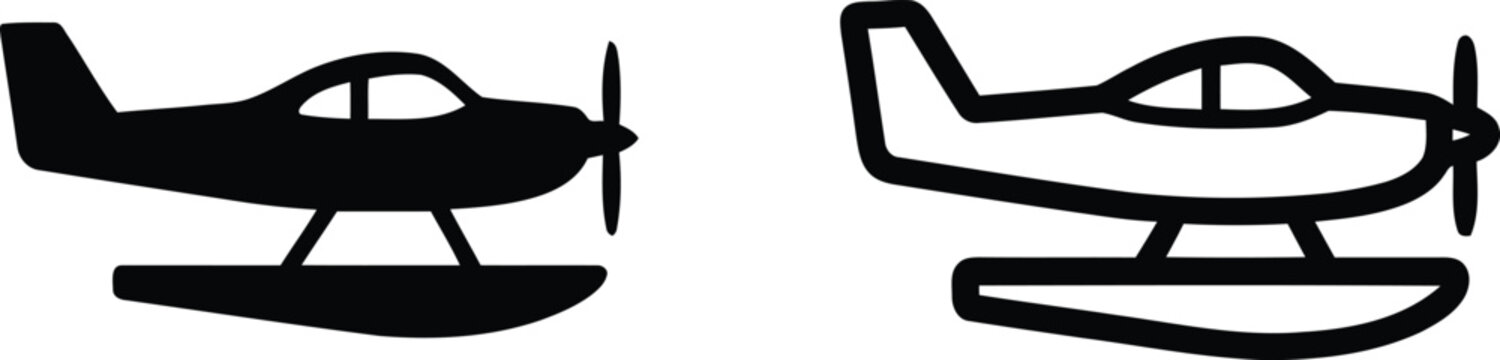 Seaplane icon set in solid and outline style for aviation design with seaplane aircraft airplane aviation floatplane hydroplane transport adventure transportation vacation