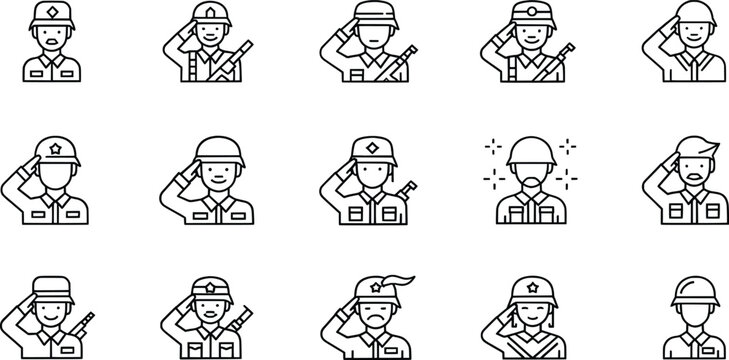 Black and white soldier salute icon set, military uniform symbol collection, army vector artwork, minimal graphic illustration style