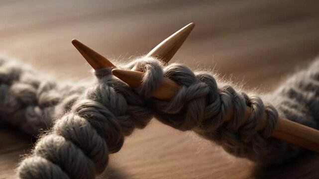 Close up of wooden knitting needles working with thick grey wool yarn.