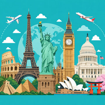 Famous world landmarks and monuments from different countries illustrated