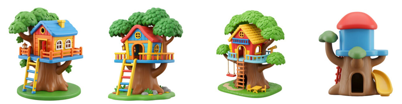 Vibrant collection of four cute miniature wooden treehouses featuring colorful roofs and playful ladders presented together on transparent background