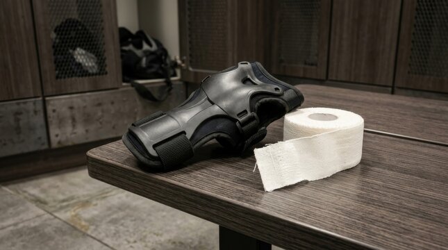 A knee brace sits on a wooden table next to a roll of tape.