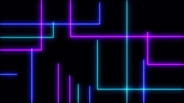 Animated seamless loop of glowing cyan and purple neon laser lines moving in circuit pattern for futuristic technology backgrounds.