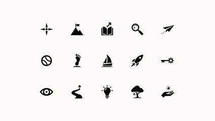 Modern minimalist icon set with high contrast collection fifteen distinct black icons arranged grid progress against neutral background discovery creativity progress © Sourav Bairagi