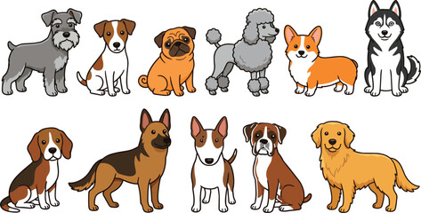 Obraz premium Various Purebred Cute Dogs Vector Character Set Isolated Flat Clipart Design Elements For Pet Grooming Service