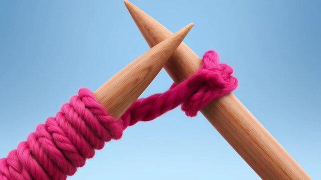 Close up of wooden knitting needles working with bright pink yarn against a blue sky background.