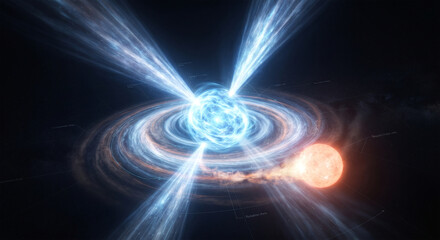 Fototapeta premium A dramatic scientific visualization of a rapidly spinning neutron star (pulsar) emitting powerful, glowing jets of high-energy radiation from its magnetic poles into the surrounding space. 