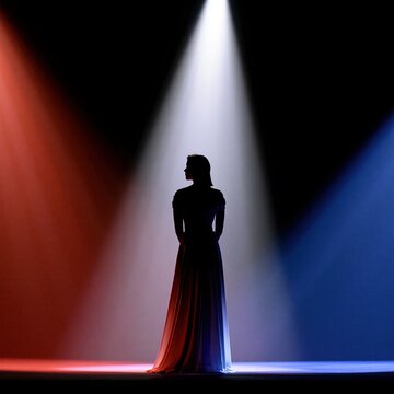 Silhouette woman standing stage spotlight red blue