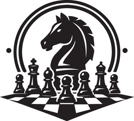 Black and white chess knight emblem with pieces Vector, illustration © MostTanzila
