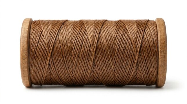 Brown waxed linen thread on wooden spool for sewing leather and crafts.