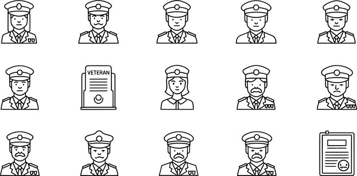 Black and white veteran service icon set, military recognition symbol collection, uniform vector artwork, minimal graphic illustration style