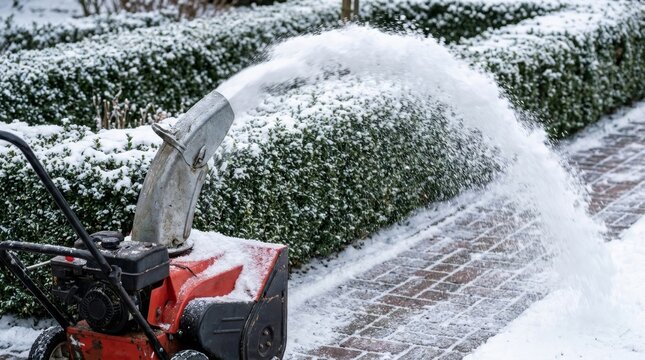 A red snow blower throws snow across a snow covered path