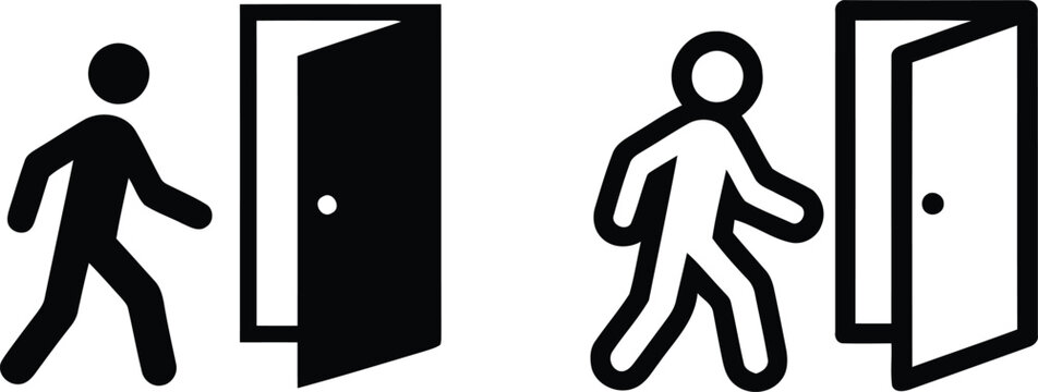 Person exiting through open door icon set for emergency exit signage with emergency navigation interface pictogram collection minimalist monochrome movement building