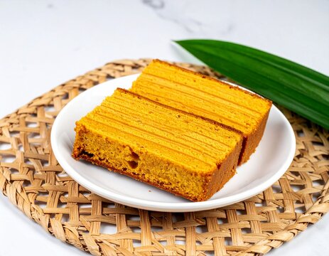 Slices of traditional Indonesian layered cake or lapis legit spekkoek served on a white plate with woven placemat and pandan leaf