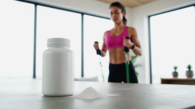 White plastic supplement bottle and powder pile on table with blurred athletic hispanic woman training with resistance bands in bright modern home gym background. Sports nutrition concept