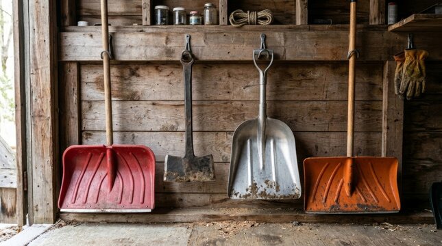 Shovels and tools hang neatly on a wooden shed wall