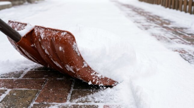 A red snow shovel rests in snow on a brick walkway.