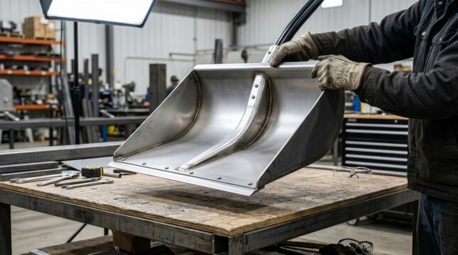 Worker wearing gloves positions a curved metal chute on a workbench.