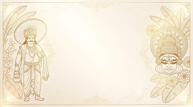 Onam festival golden line art background with king mahabali with kathakali mask surrounded