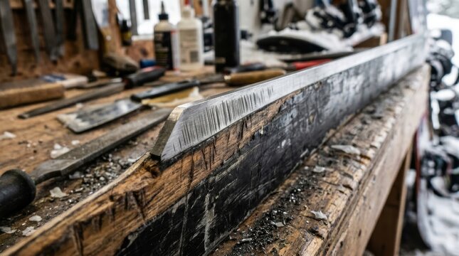 A metal ruler rests on a wooden workbench in a cluttered workshop.
