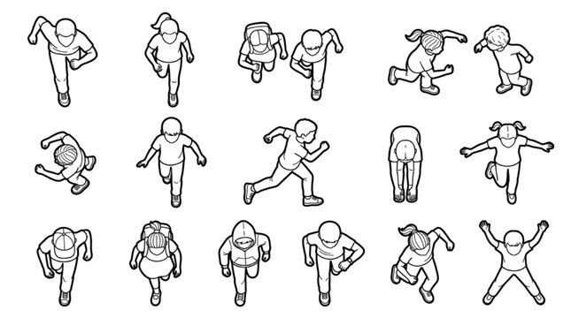 Architectural plan view CAD block set of running children scale figures

