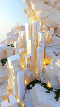 Futuristic vertical cityscape featuring a blend of digital architecture and modern design elements